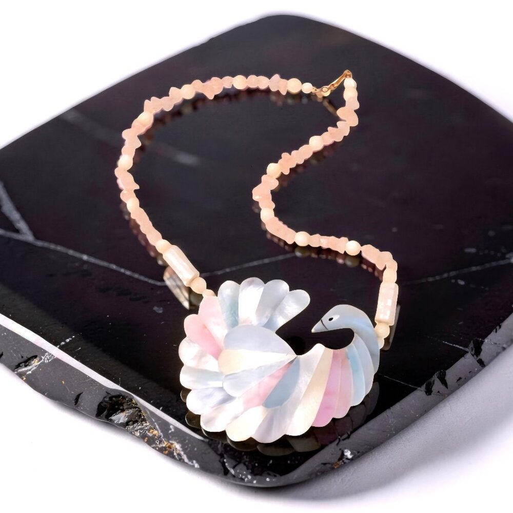 Mother-of-Pearl Swan Necklace | Rose Quartz Beads | Genuine Shell Pendant
